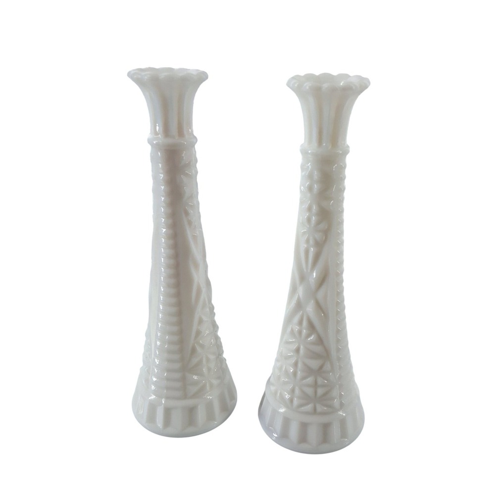Vintage Anchor Hocking Milk Glass Stars and Bars Bud Vase Set of 2 White 9 inch